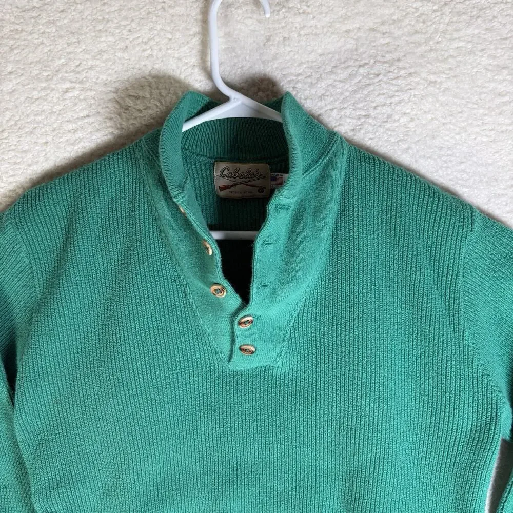 Vintage Cabelas SweaterMens Medium Green USA Made Ribbed Knit 1/4 Button READ